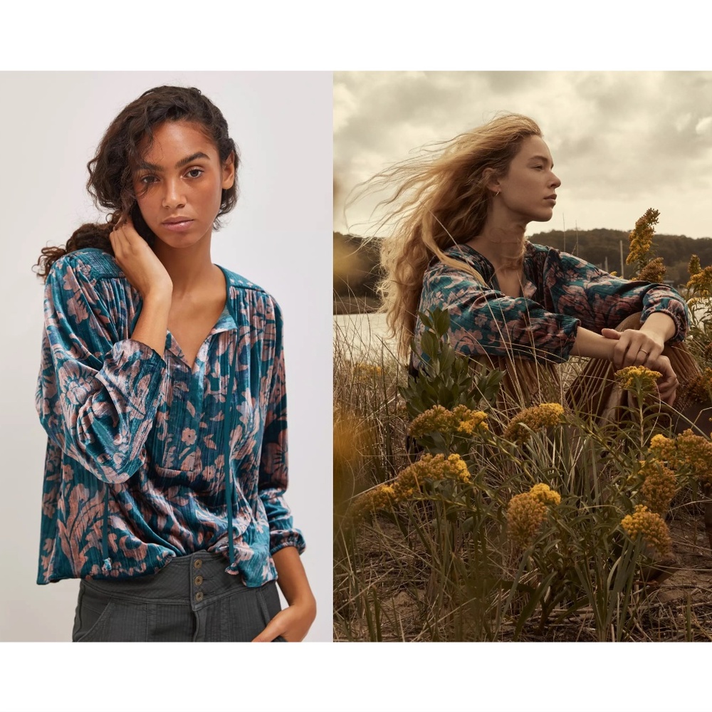 $128 Anthropologie Faustine Velvet Peasant Blouse Floral Teal Dusty Pink Boho L